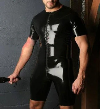 

Men black latex tights catsuit short sleeves front zipper rubber leotard plus size Hot sale Customize service