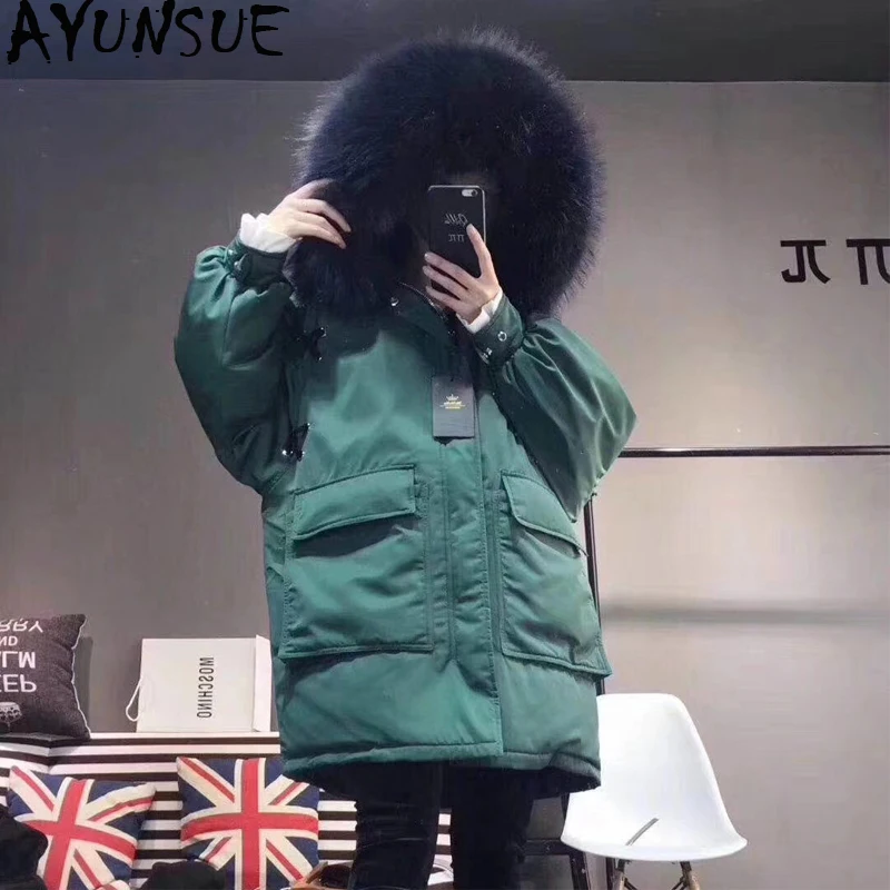 

AYUNSUE White Duck Down Jacket Woman Hooded Winter Coat Women Real Raccoon Fur Collar Korean Women's Jackets 2019 Parka KJ2816