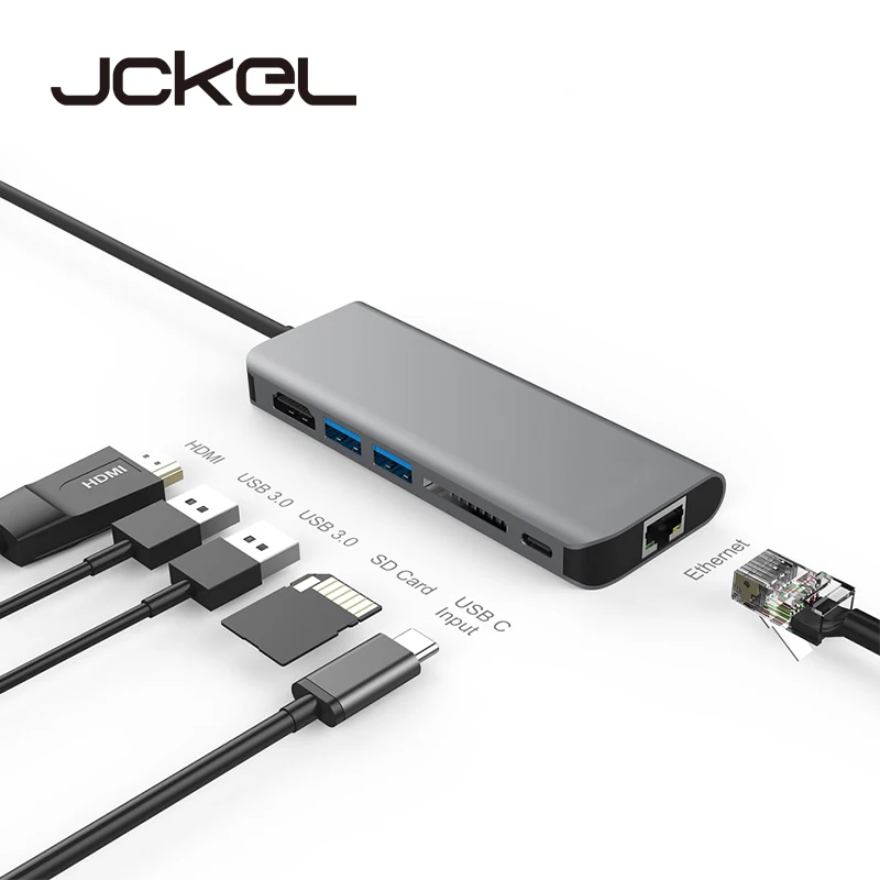 Jckel 6 in 1 USB 3.0 HUB USB 3.1 Type C to HDMI/USB 3.0/RJ45/SD/TF/Type C Adapter Converter For Macbook Pro Google Chromebook Jckel 6 in 1 USB 3.0 HUB USB 3.1 Type C to HDMI/USB 3.0/RJ45/SD/TF/Type C Adapter Converter For Macbook Pro Google Chromebook