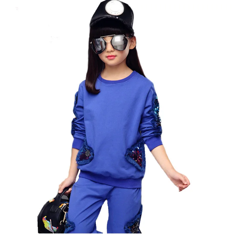 

Girls Clothing Sets Spring Autumn Children Tracksuit Sequined Long Sleeve Sweatshirt + Pants Kids 2 Pcs Girls Sport Suit T17