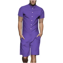 Летние Для Мужчин's комплект однотонной одежды короткий рукав комбинезоны Одна деталь Для мужчин рубашка Штаны Комбинезоны с двумя комбинезоны с карманами 3xl Для мужчин спортивный костюм