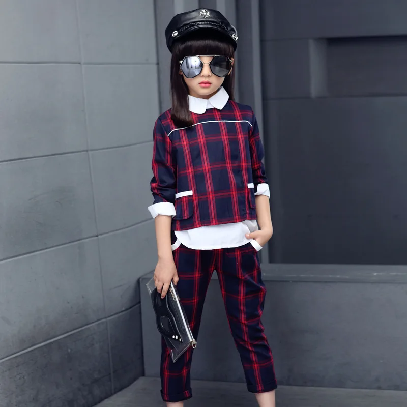 

Kids girls spring / autumn 2 pcs set 2017 new baby girls' clothing fashion red and green plaid suit 4/5/6/7/8/9/10/11/12