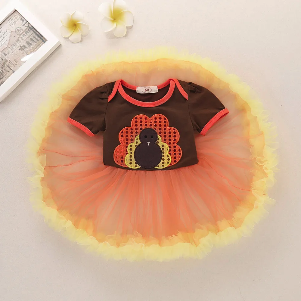 

baby girl dress Infant Toddler Baby Girls Turkey Thanksgiving Day Gauze Tutu Dress Outfits Cloth Cotton printed dress hot #06