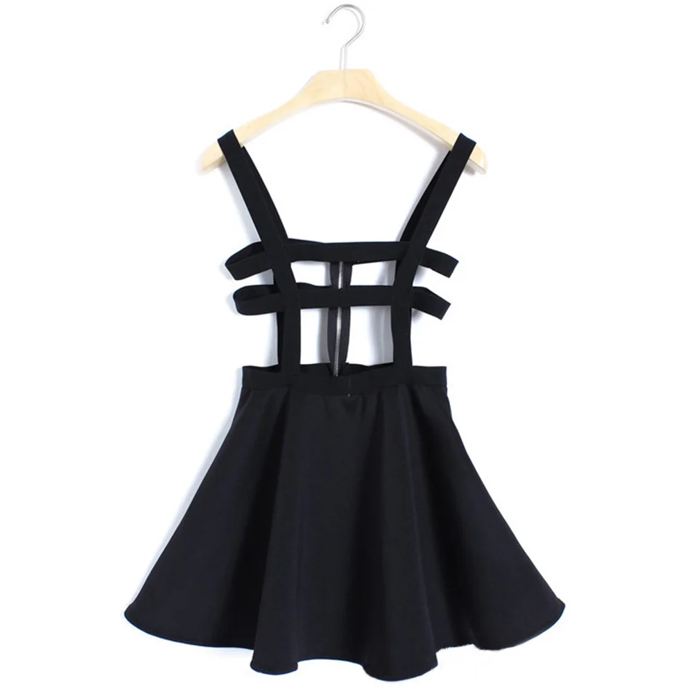 

Back White Blue Zipper Hollow Out dress chic Bandage Suspender vestidos Women Girl Ruffle Skater Pleated Short Braces Mini dress