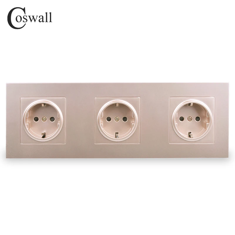 

COSWALL Quality Gold Wall Power 3 Way Socket Plug Grounded 16A EU Standard Electrical Triple Outlet AC 110~250V