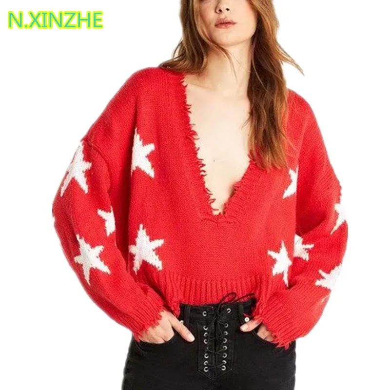 

2018 women clothing long sleeve deep V-Neck star relaxed sweater short Top Female fashion casual loose pullovers knitted jumpers