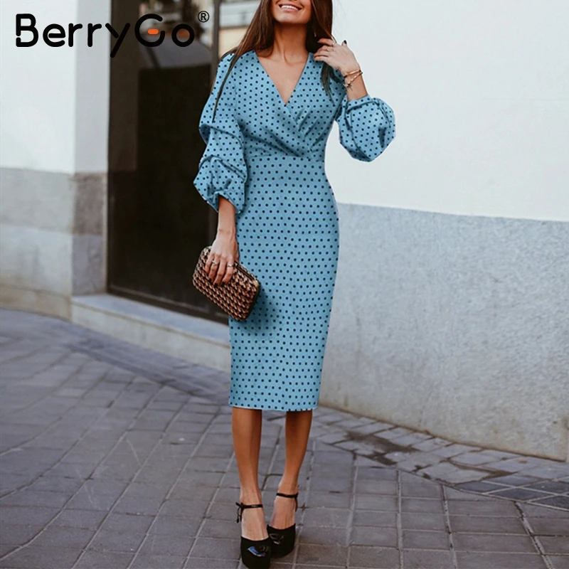 

BerryGo Elegant polka dot dress women Vintage v-neck lantern sleeve female party dresses High waist ladies midi dresses vestidos