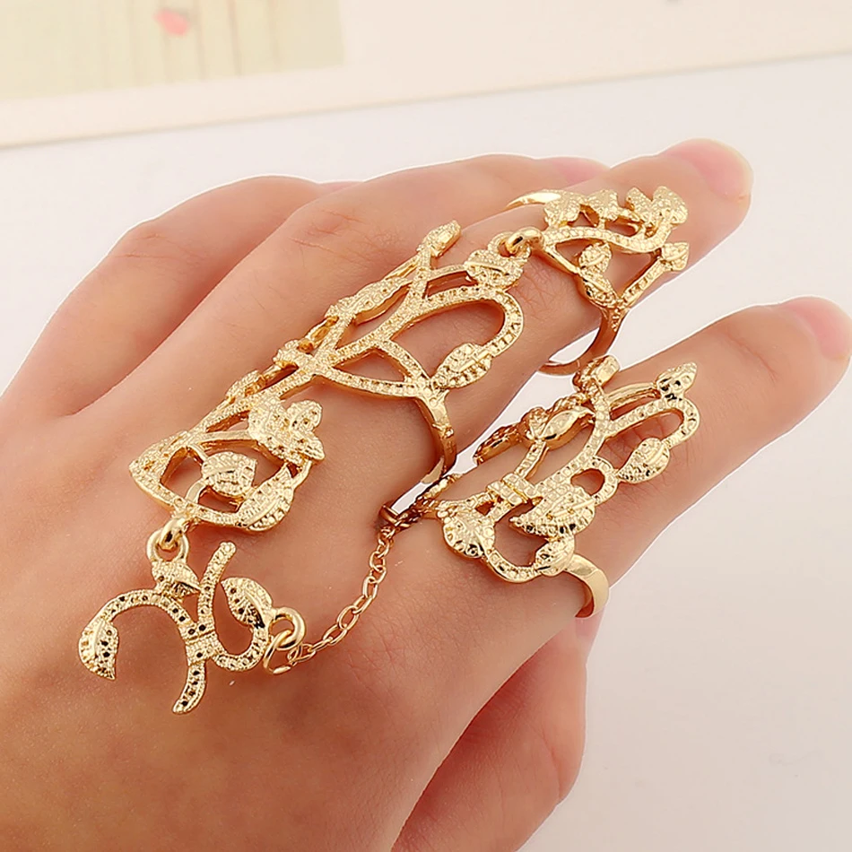 

2016 Fashion Simple Metal Leaf Flower Gold Ring Set Punk Style Adjustable Long Jewelry Finger Rings For Women Bague Femme R027