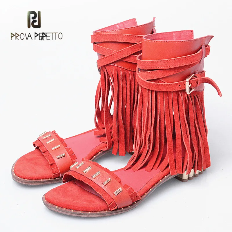 

Prova Perfetto New Arrival Frosting Cow Leather Flat Casual Sandals Open Toe Fashion Solid Color Fringe Rome Style Sandals