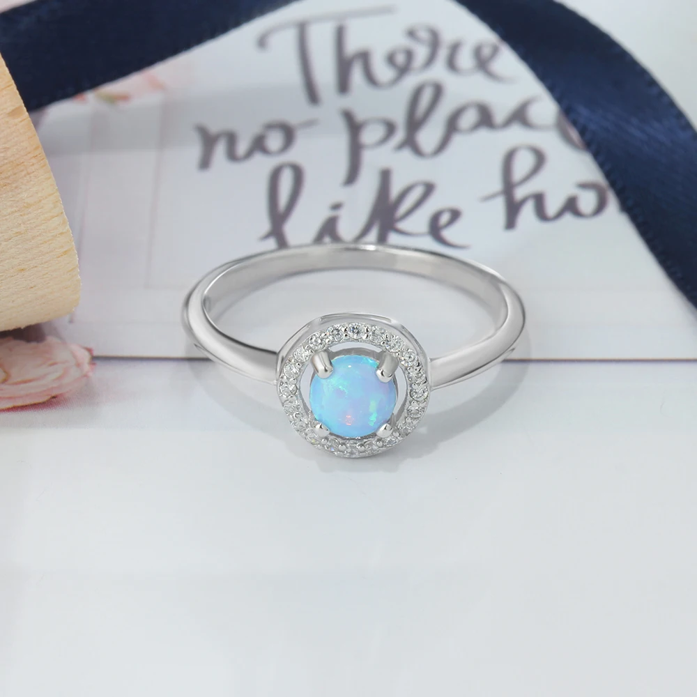 9mm Round Blue Opal Stone Wedding Ring Soild 925 Sterling Silver Jewelry Accessorise Rings For Women Gift (JewelOra RI103299)