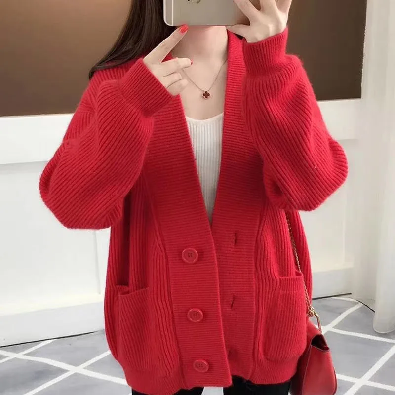

2019 Fall Knitted Loose Cardigans Outwear Coat With Button Long Sleeve Knitting Plus Size V-Neck Sweater Knitting Ladies Sweater