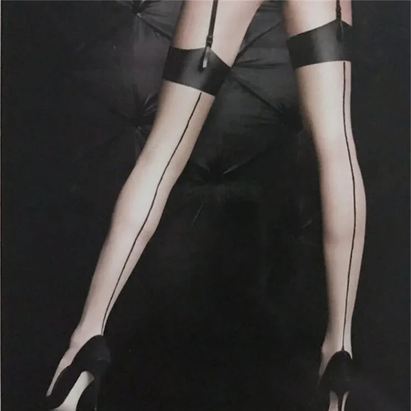 Сексуальные черные линии выше колена чулки нижнее белье бедра высокие кружевные чулки для женщин задний шов чулки с пяткой идеальный ластичный борт - Цвет: black