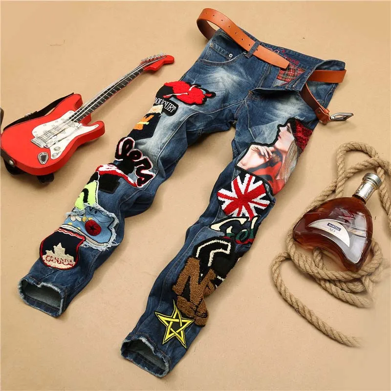 Mcikkny Fashion Men's Hip Hop Embroidery Jeans Badge Embroidered Denim Trousers Flag Patchwork Jeans Pants For Male  (1)
