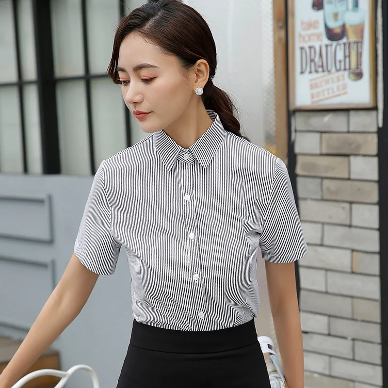 

TUHAO Plus Size 4xl 3xl Blouses Formal Safari Style Button Striped Patchwork Summer Shirts Office Lady Blouse Tops HN174
