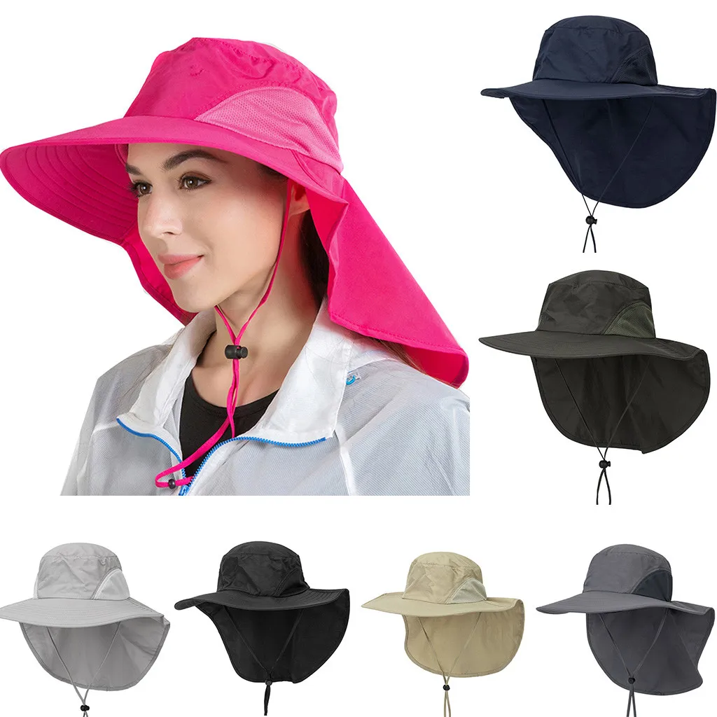 Summer Sun Hat Bucket Men Women Boonie Hat with Neck Flap Outdoor UV Protection Large Wide Brim Hiking Fishing Mesh Breathable