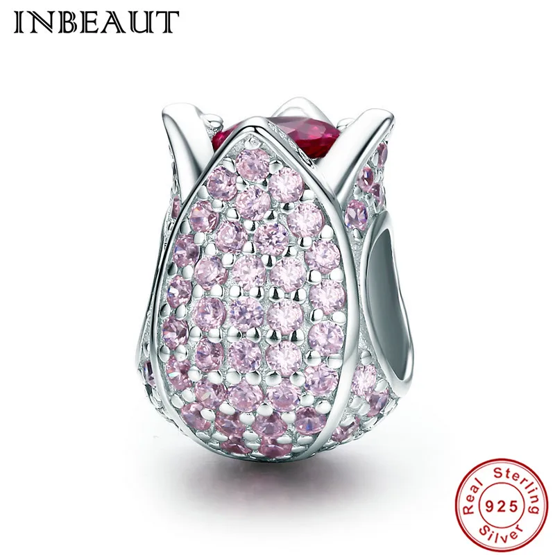 

INBEAUT 100% 925 Sterling Silver Cute Pink Mirco Clear CZ Tulip Flower Petal Red Zircon Stone Beads Charm fit Original Bracelet