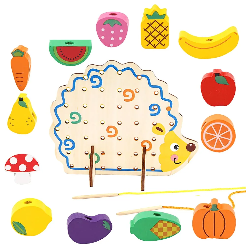 1 Set Creative Useful Wood Hedgehog Fruit Vegetable Beads Building Thread Toy for Kids