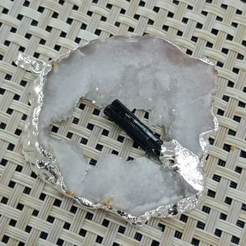 

DHXYZB 4-6cm Natural Agate geode cluster slice Pendant Stone Quartz Black tourmaline wand Crystal rock mineral For Jewelry Gift