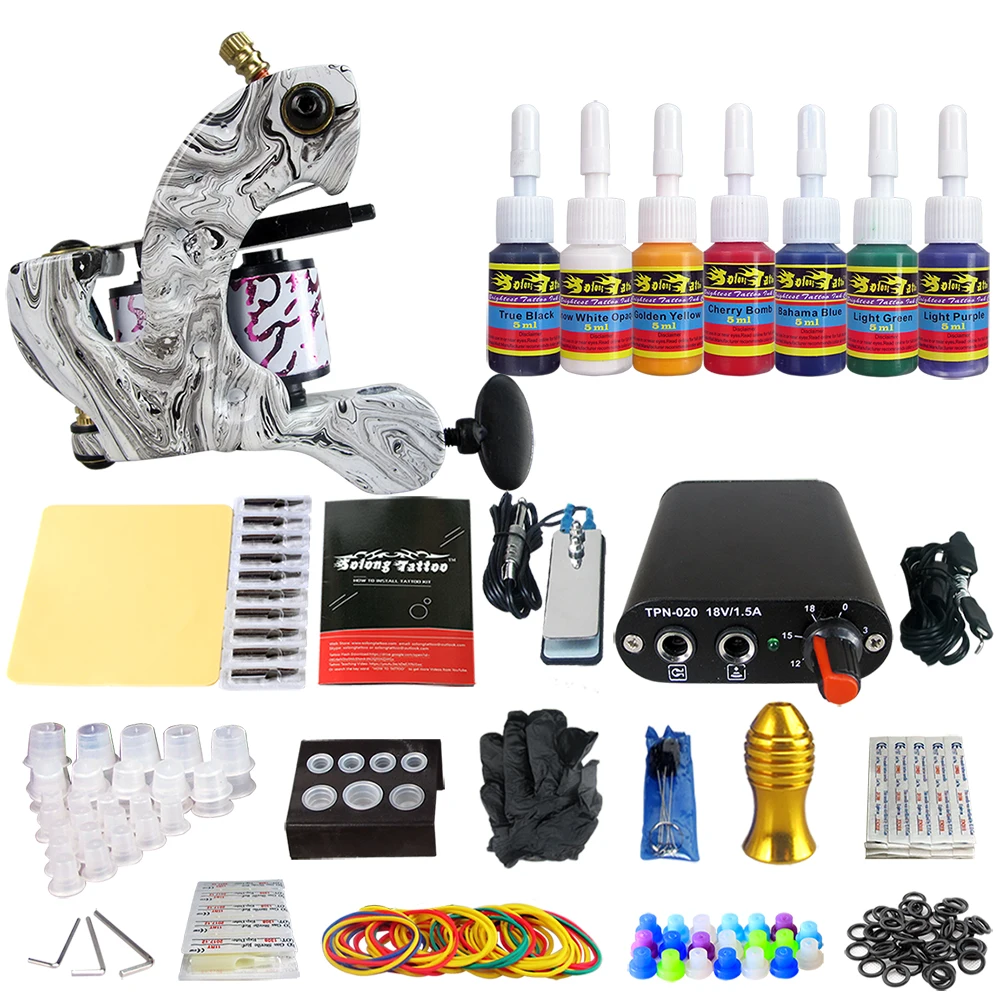 

Coil Tattoo Machine Guns Kit Professional Starter Complete Tattoo Kit 7 Inks Power Supply Grips Set Beginner TK105-5