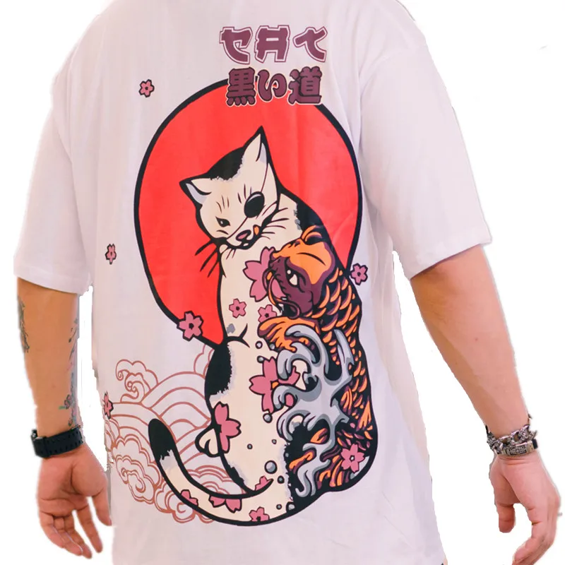 

Japanese Harajuku Gangster Cat And Carp Print Men T Shirt Summer Male Tops/Tees Black T-Shirt Funny Designers Fashion Streetwear