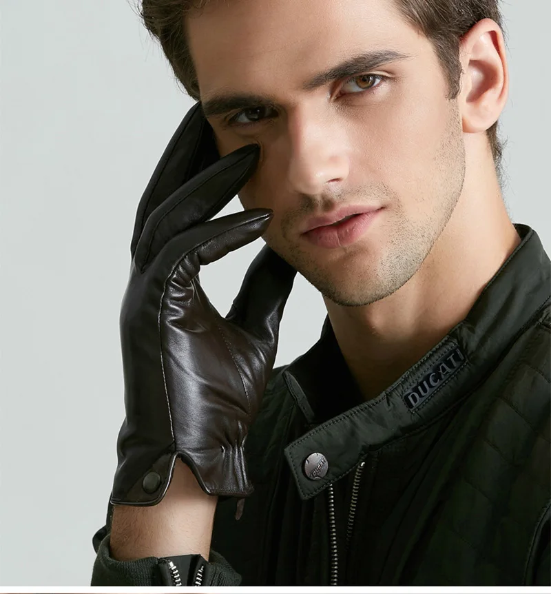 Men's Fashion Genuine Leather Gloves Thin/ Thick Plush Winter Warm Sheepskin Full Finger Touch Screen Driving Gloves Mittens L75