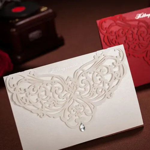 customizable hollow butterfly crystal lace wedding invitation card