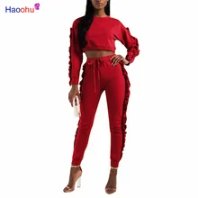 

HAOOHU 2 Piece Set Women 2018 Autumn Winter Sweatsuit Long Sleeve Ruffle Top+Pants Track Suits Casual Tracksuits Two Piece Set