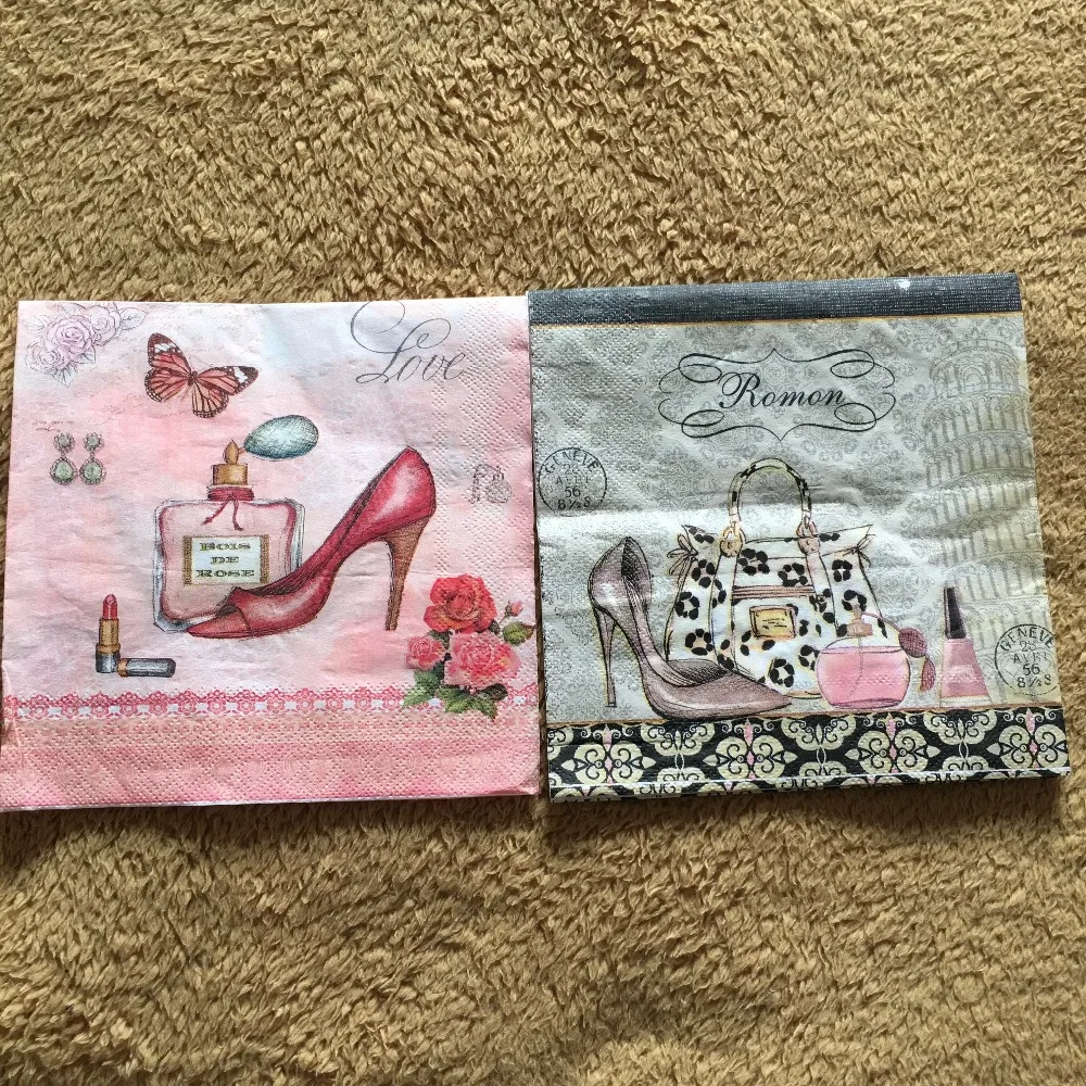 

20 vintage Napkin table paper tissue print bag high heel perfume butterfly flower decoupage servilletas wedding party home decor