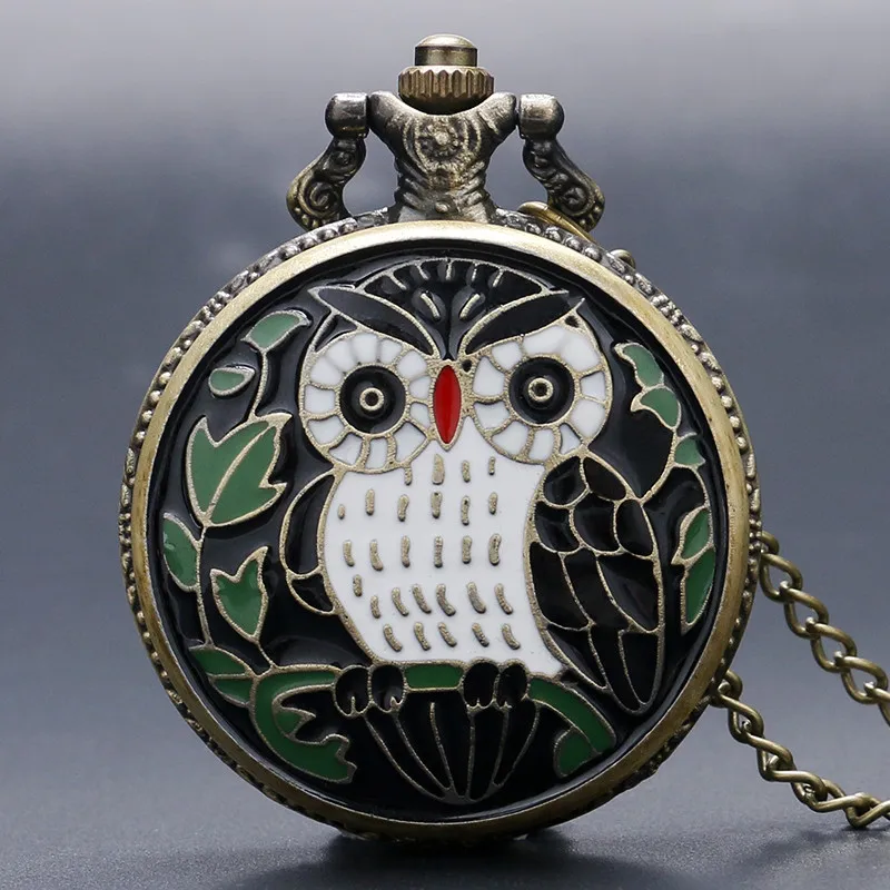 Vintage Enamel Owl Pocket Watch Epoxy Bronze Cover Pendant Necklace Lovely Animal Clock Unique