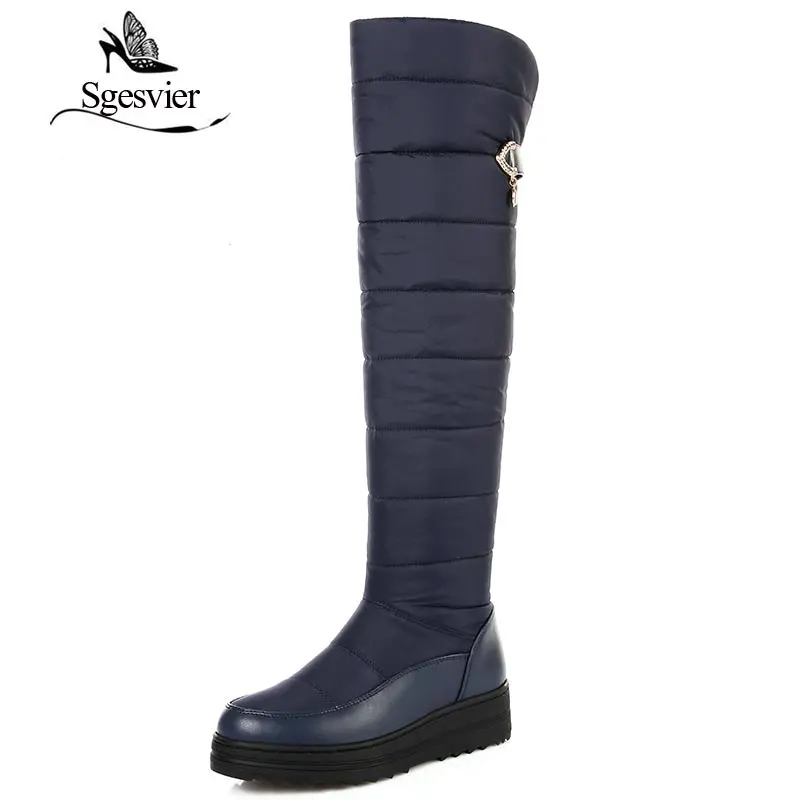 

SGESVIER Black Blue Women Boots Over The Knee Snow Boots Warm Plush Cotton Shoes Flat Heel Boots For Woman Big Size 35-44 OX128
