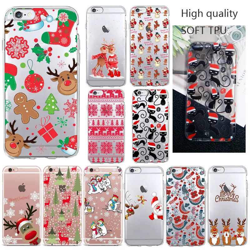 

2019 Christmas Santa Claus Elk snowman snowflake Phone Case For iPhone 7 5S SE 4 6s 7 8 Plus Soft TPU Transparent Silicone cover