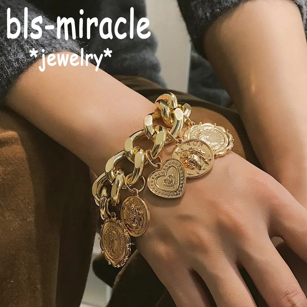 

Bls-miracle Bohemian Circle Thick Chain Tassel Pendant Bracelet Bangle Punk Carved Coin Heart Bracelet Women Jewelry 2019 N