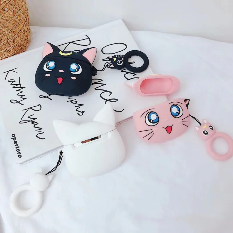 Для AirPods Чехлы Сейлор Мун светящиеся Luna Cat Bluetooth беспроводные наушники зарядное устройство коробка крышка для Apple Airpods 2 ремешок для пальца