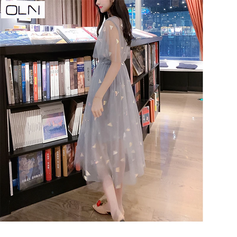

DRESS Summer new commuter temperament Korean mesh DRESS + SLING New French mesh gauze dress two-piece suit for femal