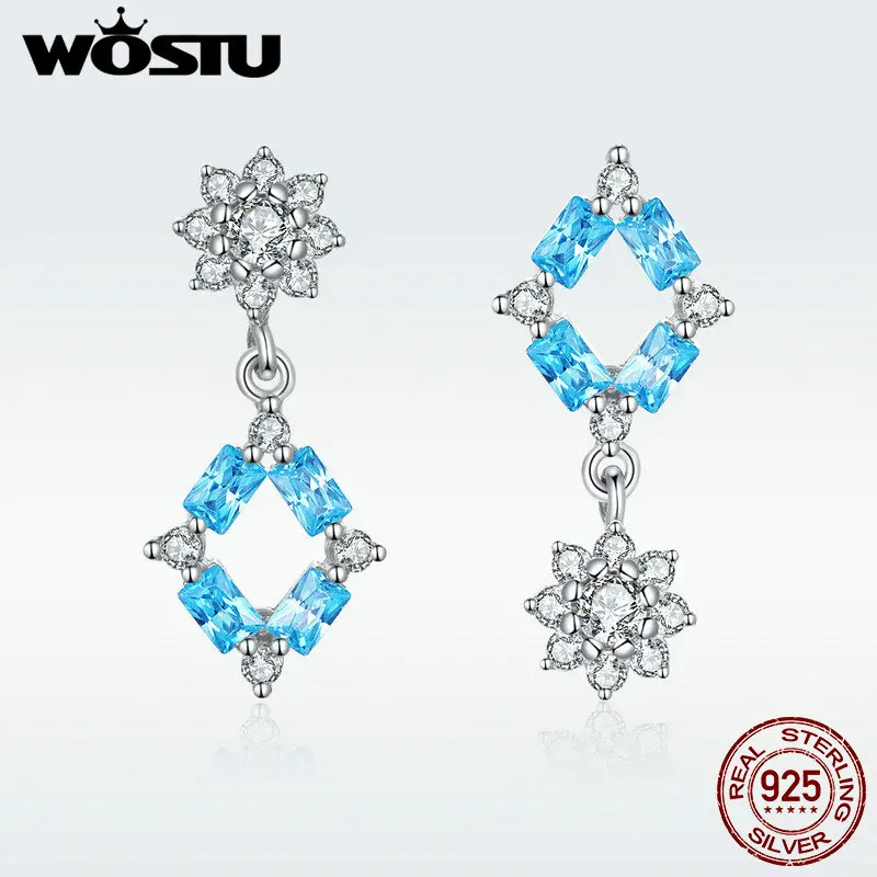 

WOSTU 100% 925 Sterling Silver Stylish Flowers Drop Earrings Blue Zircon Wedding Engagement Earriings For Women Jewelry DAE200
