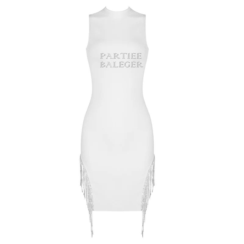 Летнее модное платье с украшением в виде кисточки без рукавов со стоячим воротником вечерние мини-повязка - Цвет: Белый