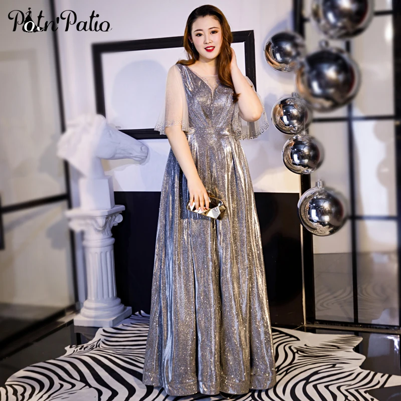 

Plus Size Evening Gowns Long 2019 New Shiny Reflective A-line Floor-Length Women Formal Dresses With Cap Sleeves