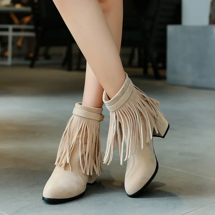 

Big Size 11 12 13 14 15 16 17 Europeans and Americans with round head, thick heel, zipper, fringed belt buckle boots
