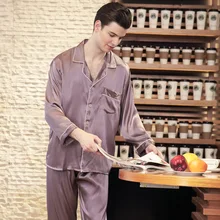 Мужской пижамный комплект из искусственного шелка, Весенние длинные штаны с длинными рукавами, однотонный комплект с эластичной резинкой на талии, большие размеры