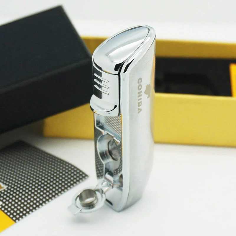 

COHIBA Cigarette Lighter Refillable Gas Butane Cigar Lighter Triple Torch 3 Jet Blue Flame Windproof With Cigar Punch Creativity