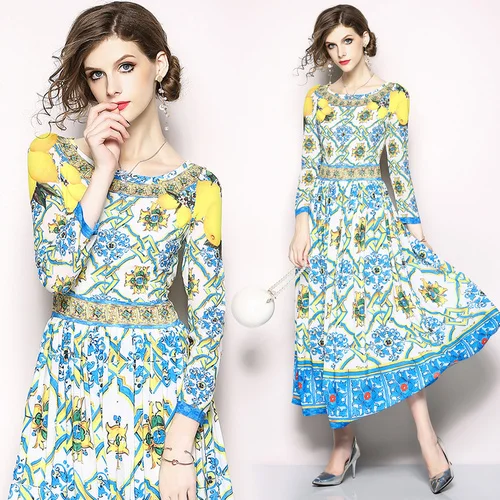 

2019 new t-stage catwalk fashion slim print long dress