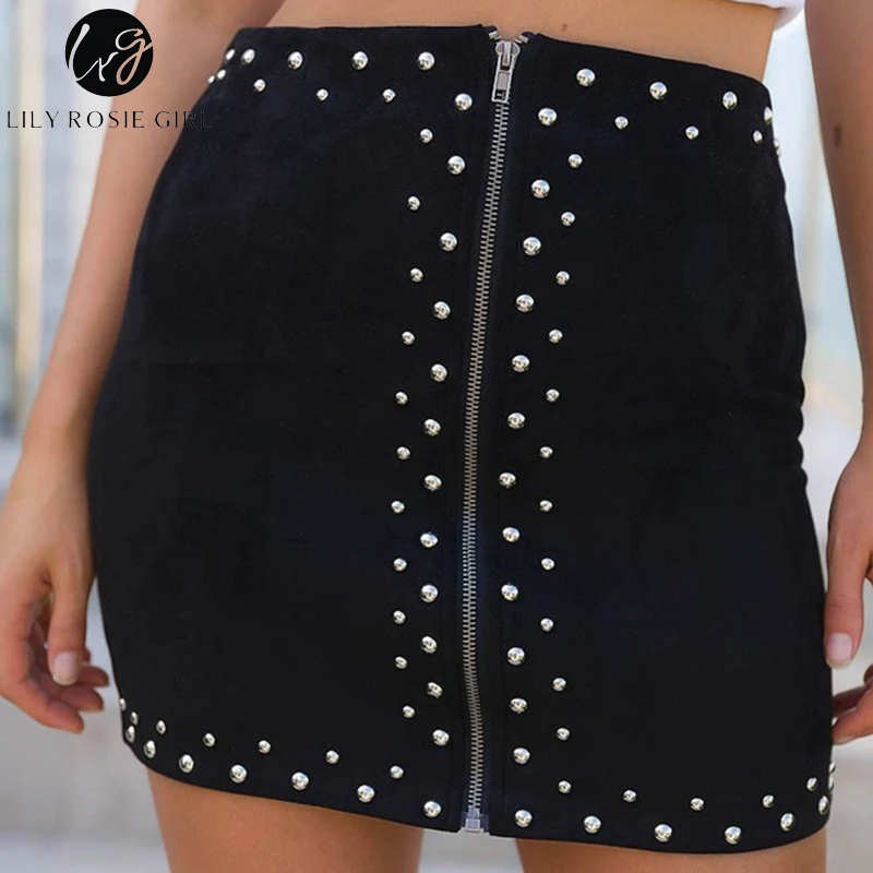 Lily Rosie Girl Red Suede Leather Rivet Pencil Skirt Women High Waist Sexy Club Zipper Autumn Winter Mini Short Bodycon Skirts