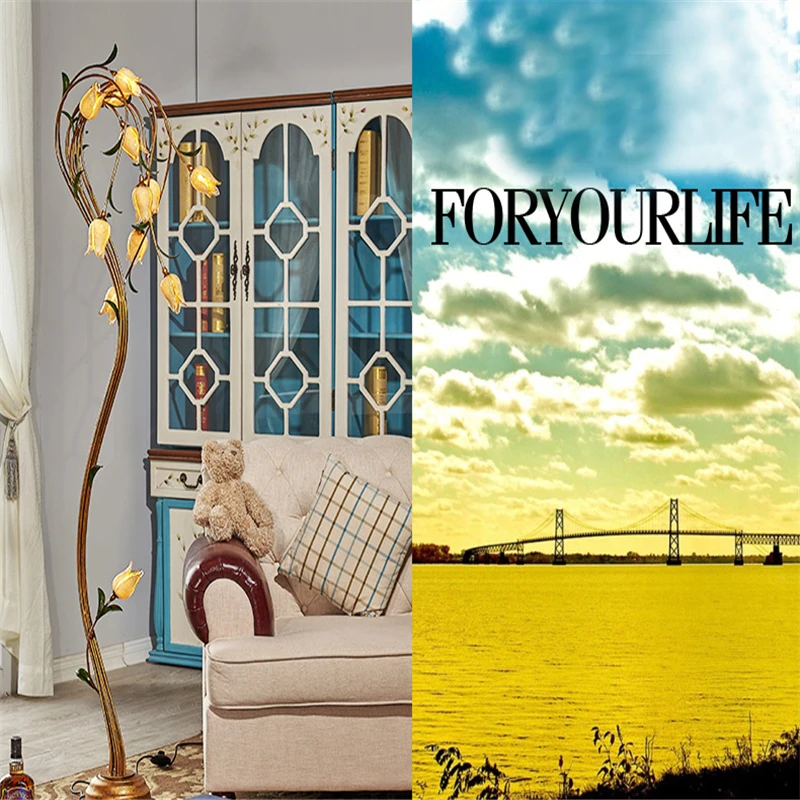 FUMAT Flower Floor Lamps Metal Glass Art Deco Light Living Room Nordic Pastoral Light For Bed Room Yellow Glass Shade LED Lights