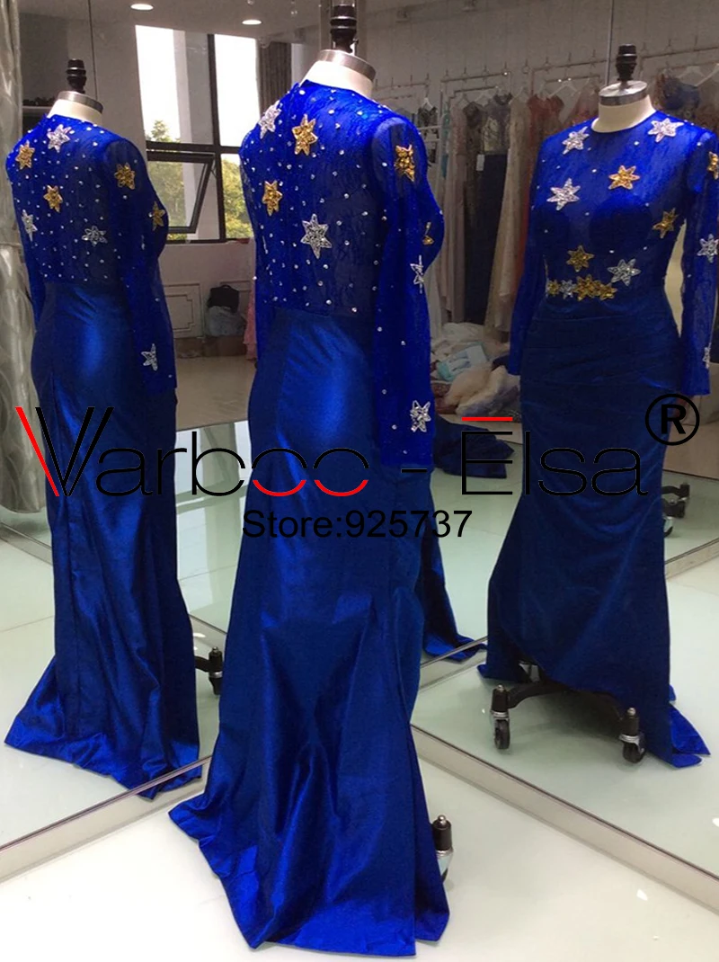 VARBOO_ELSA ярко-синий сексуальный комбинезон разрезы вечернее платье с длинными рукавами Роскошные BeadingIllusion Кружева vestido de festa арабские платья для вечеринок