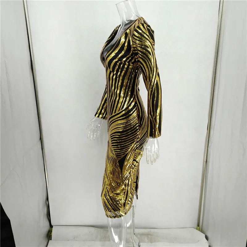 Геометрическое Золотое черное платье с пайетками, женское сексуальное вечернее платье с v-образным вырезом, зимнее платье с блестками и длинным рукавом, шикарные платья миди для ночного клуба