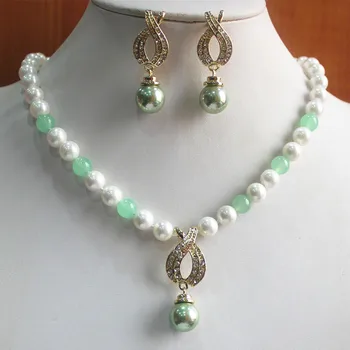 

Hot sell free shipping ~~ charm 8mm white shell pearl decorated with necklace match 14mm green shell pearl earring jewelry