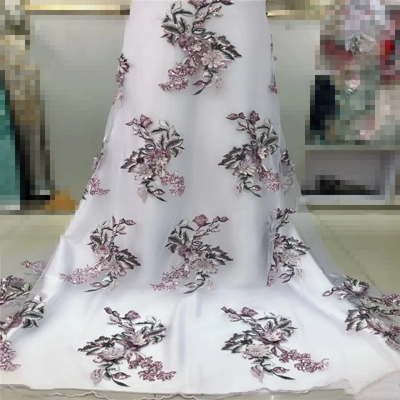 

New fashion 3D flower french net lace fabric with sequins and diamond embroidered tulle lace fabric for party dress RG420