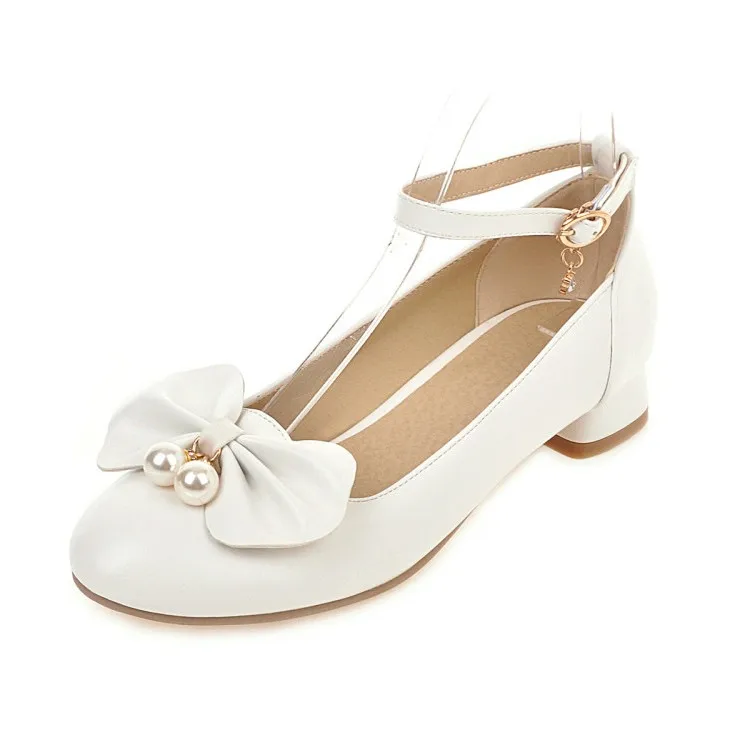 PXELENA/милые белые свадебные туфли на низком каблуке, розовые туфли в стиле Лолиты, женские туфли мэри джейн г. женские модельные туфли-лодочки с жемчугом и бантом, 34-45 - Цвет: -8 White