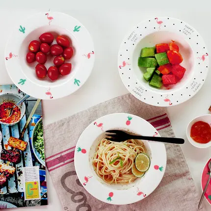 

Japanese Creative Ceramic Tableware Deep Dish Rice Plate Fruit Salad Breakfast Dish Home Soup Plate Pasta Dish Plate