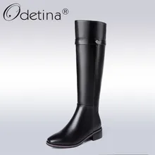 Odetina/Новинка года; модные женские сапоги до колена из натуральной коровьей кожи; обувь на низком квадратном каблуке; женские сапоги для верховой езды на молнии сбоку